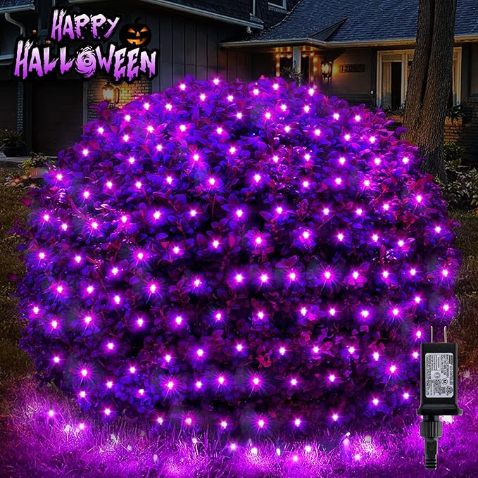 BlcTec Halloween Net Lights 200 LED 8.4ft x 5.2ft Purple Halloween Lights with 8 Modes Timer Connectable Waterproof and Green Wire Design for Trees Bushes Outdoor Decorations