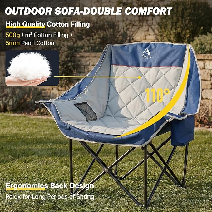 Oversized XL Camping Chair for Adults Heavy Duty | 450LBS Support Padded Folding Lawn Chairs with Side Pocket Cup Holder Cooling Bag for Outdoor Sports Garden Beach Fishing