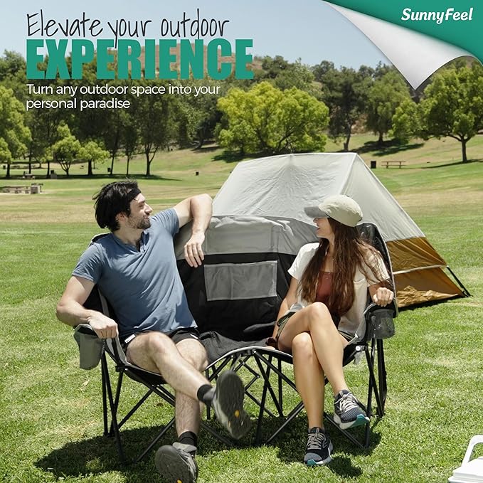 SUNNYFEEL Folding Double Camping Chair Oversized Loveseat Chair Heavy Duty Portable/Foldable Lawn Chair with Storage for Outside/Outdoor/Travel/Picnic Fold Up Camp Chairs for Adults 2 People