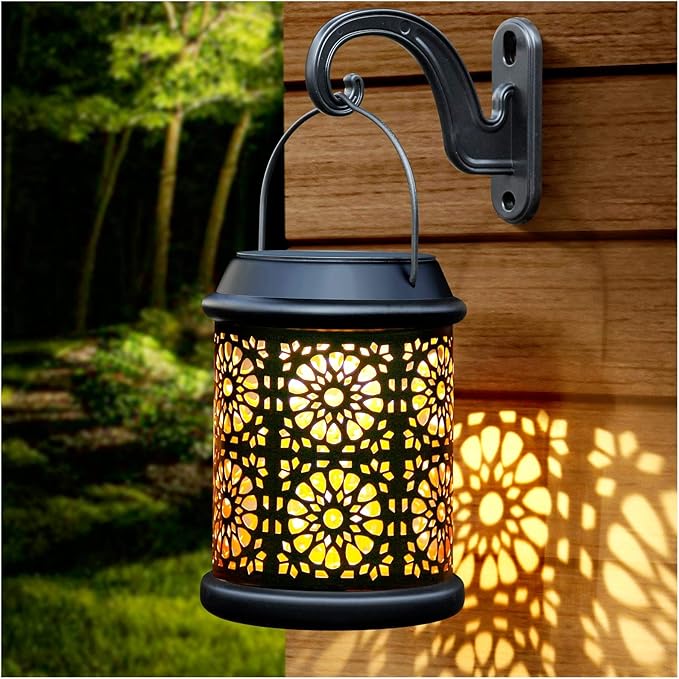 DenicMic Solar Lantern Outdoor Solar Lights Outdoor Hanging Lantern with Handle &amp Hook Waterproof 25 Lumen Warm White LED Metal Decorative for Garden Patio PorchYard Walkway1Pack (Black)