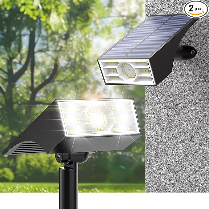 Solar Spot Lights Outdoor 2 Pack Outdoor Solar Lights for Yard Waterproof 4 Lighting Modes Solar Landscape Spotlights Auto On/Off Solar Powered Flood Lights Garden Pathway (Cool White)