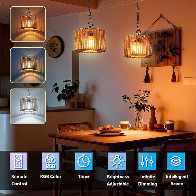 Battery Operated Chandelier Rechargeable Outdoor Pendant Light Cordless with RGB LED Bulb Boho Hanging Lights with Remote for Gazebo Porch Patio Pergola Indoor DecorSet of 2