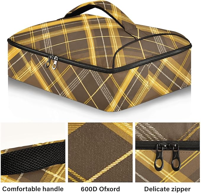 Casserole Carrier Yellow and Brown Tartan Pattern Insulated Casserole Carrier for Hot or Cold Food Thermal Lunch Tote for Parties Picnic Travel Carry Bag