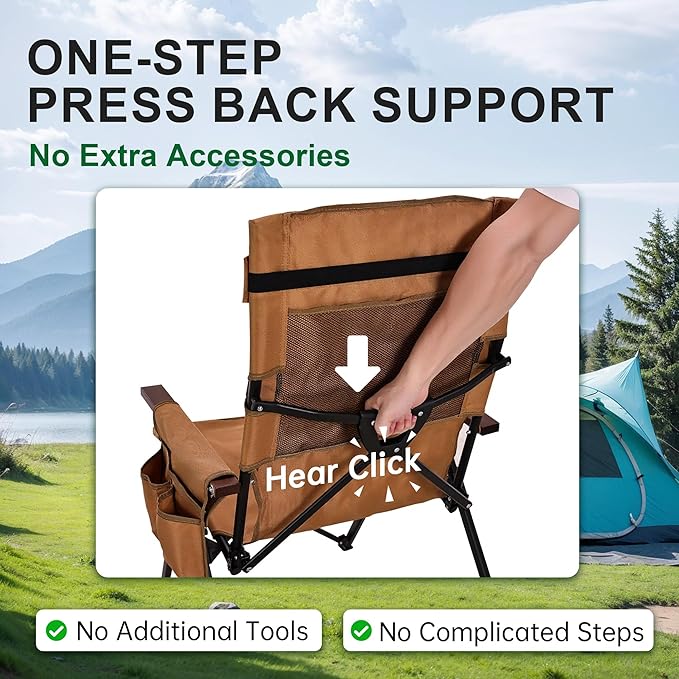 Camping Chairs for Adults-Adjustable 95°-135° Hign Back Heavy Duty Folding Lawn Chairs with Detachable Headrest Side Pocket Hold Up 300 Lbs Yellow