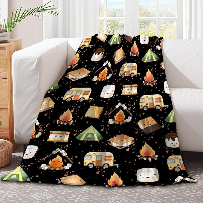 Cute S'Mores Flannel Blanket | Ultra Soft Roasted Marshalows Throw for Couch/Sofa/Travel/Camping | Camping Blanket Gifts for Camper Lover Decor - 40x50-Kids/Throw Size