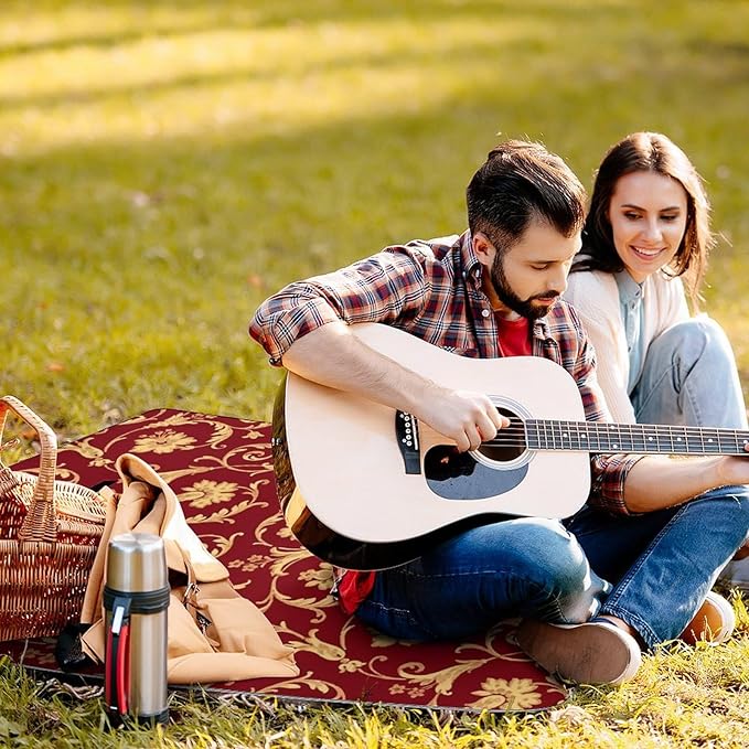 Flower Maroon Gold Floral Classy Burgundy Antique Waterproof Outdoor Picnic Blanket Sandproof Beach Mat for Camping Hiking Grass Travelling