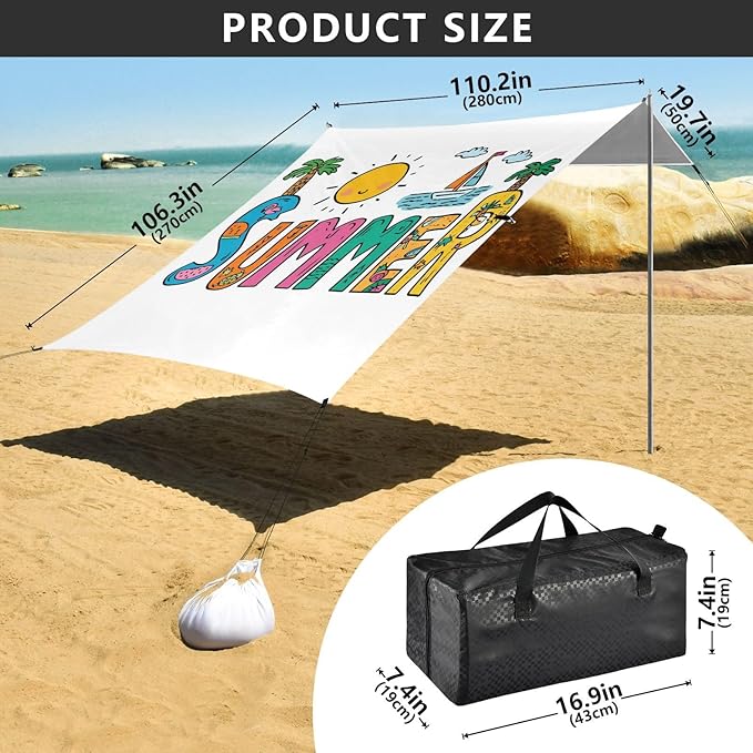 Bolaz Beach Canopy Tent Sun Shade9'×10.5' Large Family Beach Shade UPF50+- Outdoor Shade for Camping Trips FishingColorful Cartoon Summer