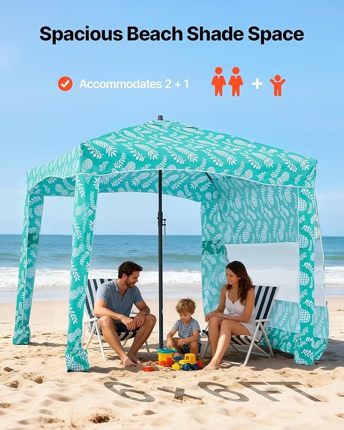 VEVOR Beach Cabana 6 x 6 ft Beach Canopy with Side Wall UPF 50+ Protection Easy Setup Cabana Tent with Sand Pockets Large Portable Shade Sun Shelter Outdoor Umbrella for Whole Family &amp Friends