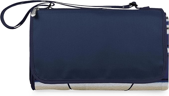 PICNIC TIME Outdoor Picnic Blanket Tote 59x51 Foldable Beach &amp Camping Blanket with Soft Fleece Water-Resistant Bottom Adjustable Strap &amp Zippered Pocket (Blue Stripe Navy Flap)