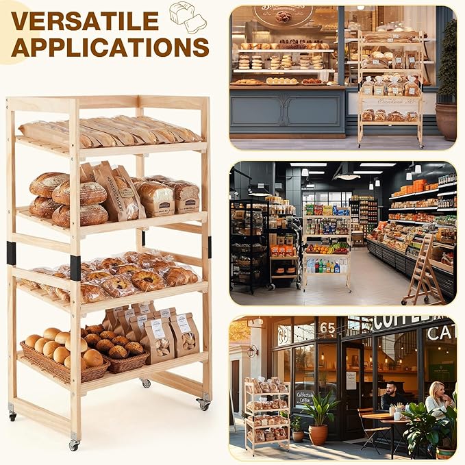 55 x 30 x 18 4 Tier Wood Bakery Bread Rack with Angled Shelves Bread Fruit Vegetable Display Shelf Stand for Shop Pantry Office Grocery Supermarket Kitchen Organizer