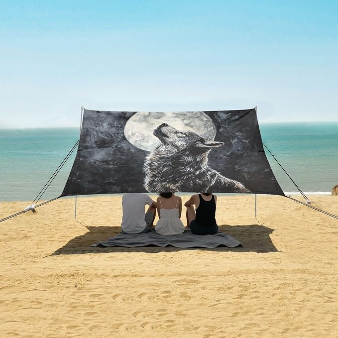 ALAZA Wolf Howling Under Moon Beach Tent Sun Shelter UPF50+ Protection Beach Shade Canopy w/ 4 Sandbags for Outdoor Camping Fishing Backyard Fun Picnic 10x9 ft