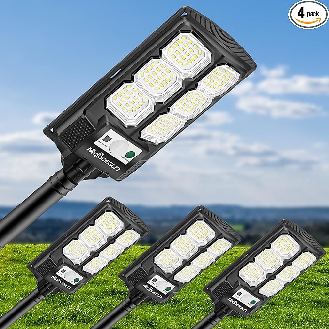 Solar Street Lights Outdoor 5000LM 6500K Solar Lights IP66 Waterproof with Motion Sensor &amp Dusk to Dawn led Solared Street Light Easy Installation Pack of 4