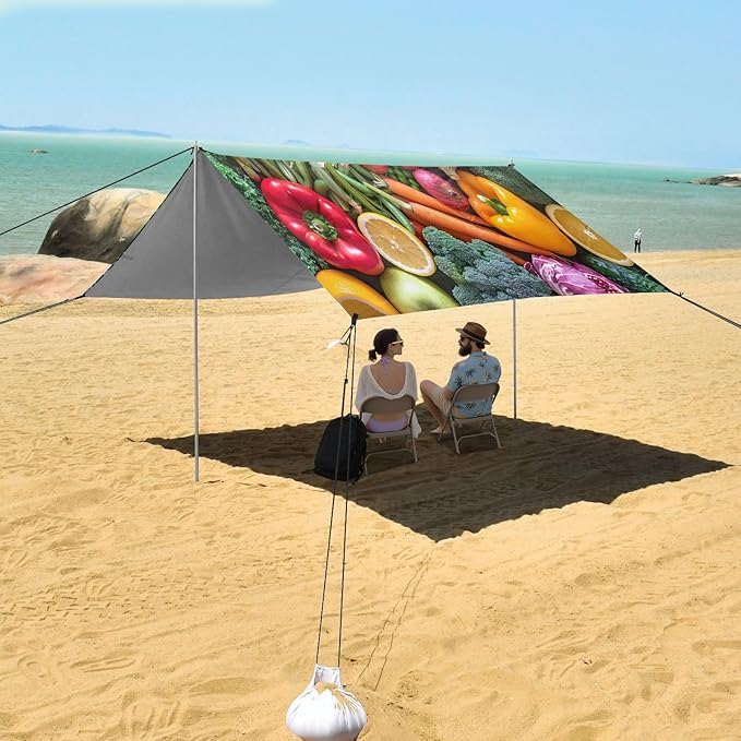 Fruits and Vegetables Beach Tent Sun Shelter 9.2' x 10.5' Beach Canopy with 4 Sandbags 4 Stability Poles Sand Shovels - Tent Canopy for Beach Camping Fishing Picnics