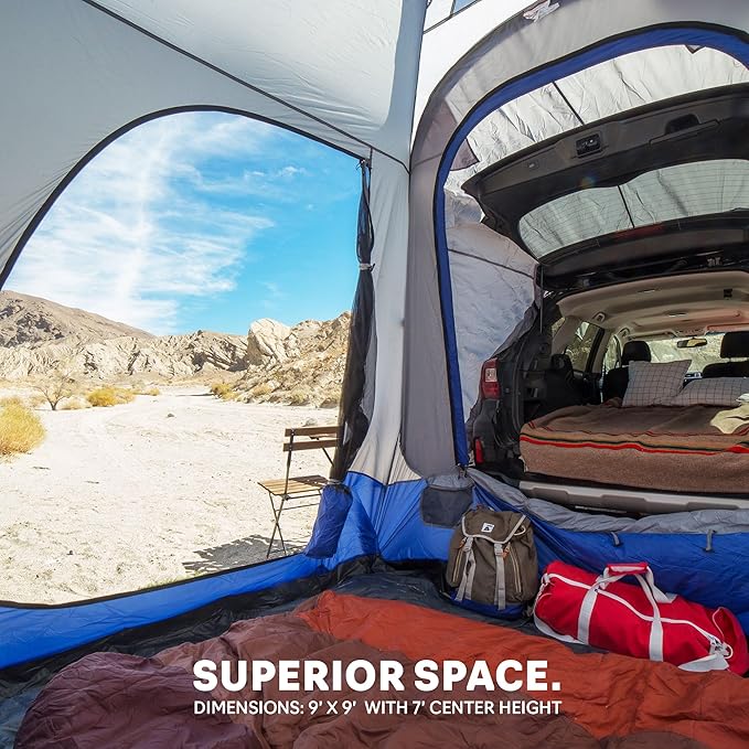 Napier Sportz SUV Tent | 9'x9' Car Camping Tent with Full Rainlfy and Awning | Fits All CUVs SUVs Minivans | Sleeps 5 Adults | Blue/Gray | Model 82000
