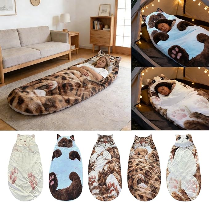 Fluffy Cat Sleeping Bag Cat Shaped Plush Sleeping Bag for Adults Plush Cats Envelope Sleepings Bags for Camping Sleepovers &amp Home Lounging