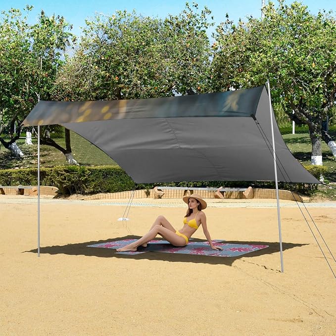 Sitting Bear Pattern Beach Tent Sun Shelter 9.2' x 10.5' Beach Canopy with 4 Sandbags 4 Stability Poles Sand Shovels - Tent Canopy for Beach Camping Fishing Picnics