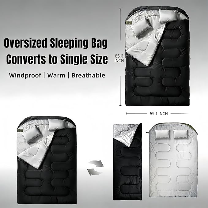 Double Sleeping Bag for 2 Adults Convertible to 2 Single Bags 3-in-1 Waterproof Camping Bag with Pillows Machine Washable 6.6 lbs Lightweight 59x87 Inches