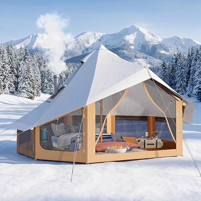 SPECRAFT Canvas Bell Yurt Tents &amp Inflatable Tent for Camping Waterproof Glamping Tent with Stove Jack Breathable Mesh Snowproofing Spacious 4-Season Family Shelter for Outdoor Camping Partie
