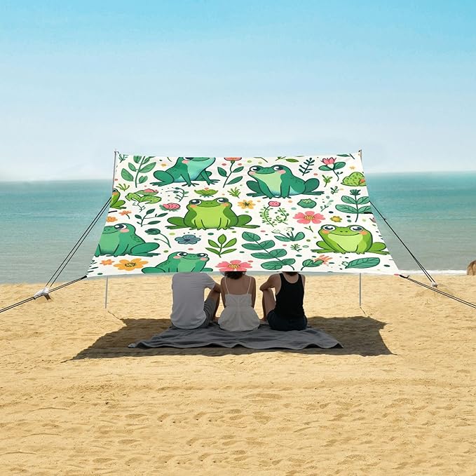 Seamless Pattern Cartoon Frog and Plant Camping Sun Shelter Beach Tent Portable Beach Sun Shade Outdoor Canopy for Camping Trips Fishing Picnic