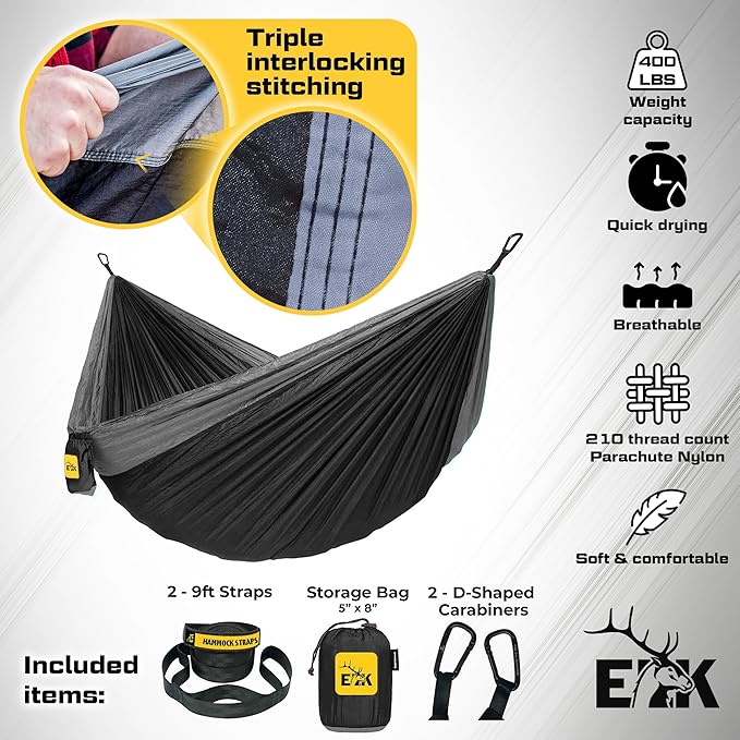 ELK Single Hammock with Tree Straps - Lightweight Parachute Nylon for Outdoor Adventures (Black/Gray Single)