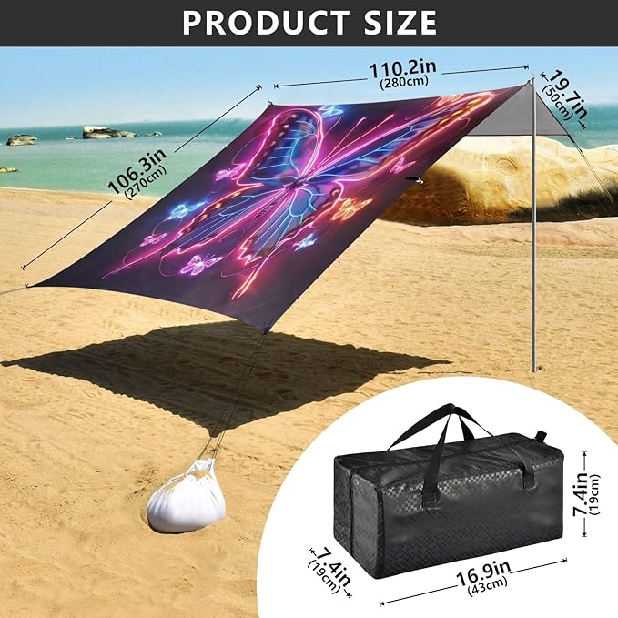 Neon Butterfly Beach Tent Sun Shelter 9.2' x 10.5' Beach Canopy with 4 Sandbags 4 Stability Poles Sand Shovels - Tent Canopy for Beach Camping Fishing Picnics