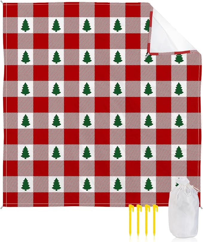Beach Blanket Waterproof Sandproof OversizedMerry Christmas Green Trees Seamless Beach Mat with Corner Stakes Sand PocketsRed Buffalo Plaid Outdoor Picnic Mat for Travel Camping Hiking 83x79In