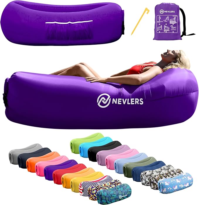 Nevlers Purple Inflatable Lounger | 210T Polyester Air Sofa | No-Pump Blow Up Couch | Compact Lounger Inflatable Couch w/ 450lbs. Cap. Pockets &amp Matching Bag | Use as Camp Chairs for Adults &amp