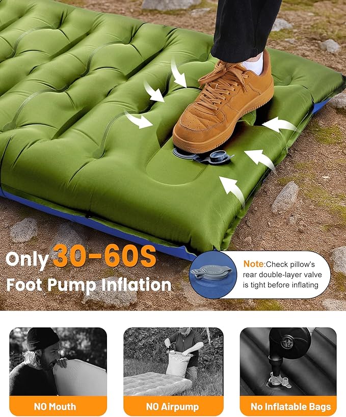 Camping Sleeping Pad5.9 Inch Thick Camping Mat with Built in Pillow and Foot PumpSelf Inflating Sleeping Pad for Camping Backpacking（Green