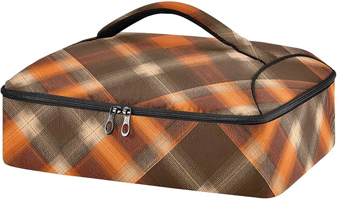 Casserole Carrier Orangeand Brown Tartan Plaid Insulated Casserole Carrier for Hot or Cold Food Thermal Lunch Tote for Parties Picnic Travel Carry Bag