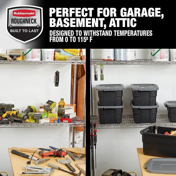 Rubbermaid 6-Pack Heavy Duty Durable 3 GAL Totes for Storage with Snap Lids and Handles Plastic Storage Bins Stackable Black Gray for Home and Garage (3 GAL - 6 Pack Solid Black and Grey)
