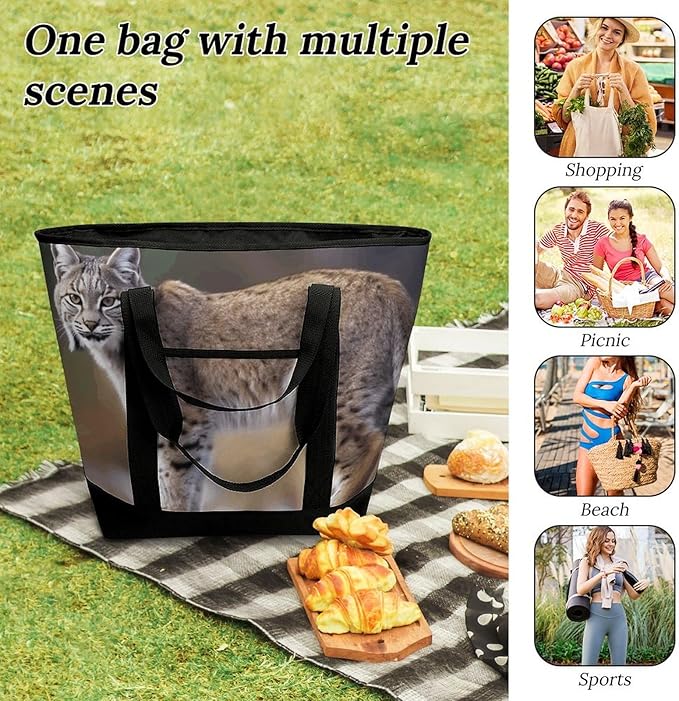 Insulated Shopping BagLarge Reusable Cooler Bags Wild Bobcat Printed Foldable Shopping BagTravel Waterproof Shoulder Bag
