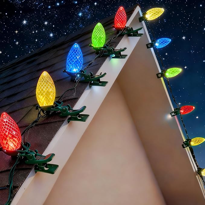Dazzle Bright C9 Christmas String Lights 100 LED 66 FT Waterproof Connectable Fairy Lights with 100 Spring Clips Timer Christmas Decoration for Outdoor Roofline Home Garden Yard Tree (Multi-Colored)