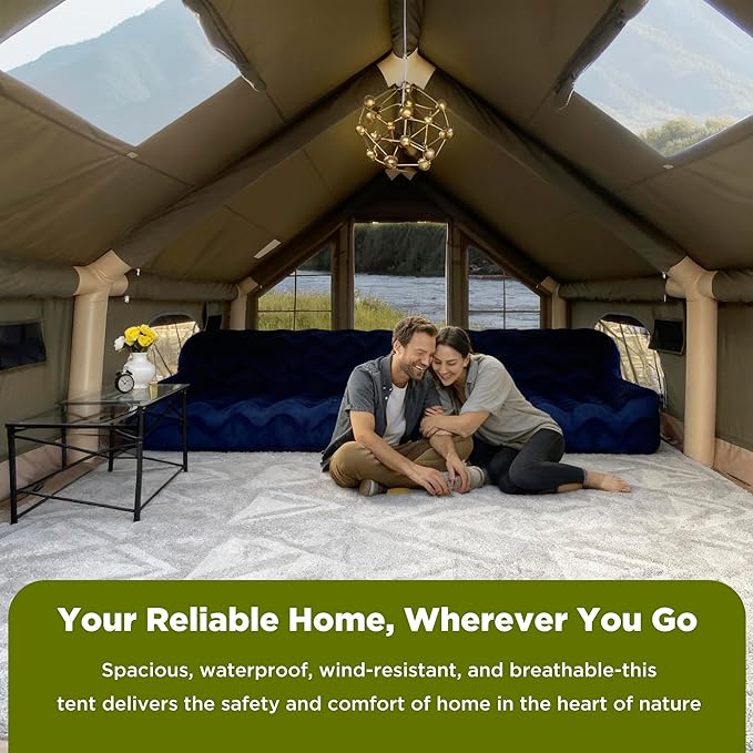 Large Luxury Inflatable Camping Tent Technology Cotton Canvas Tent for 4-6-8-10-12 People | Breathable and Waterproof Tent with Skylight and Stove Jack Suitable for Family Camping of 12 ㎡
