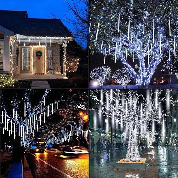 QITONG Meteor Shower Rain Lights Outdoor Falling Rain Snowfall Light 12 inch 8 Tubes 192 LED Cascading Lights for Tree Wedding Party (White)