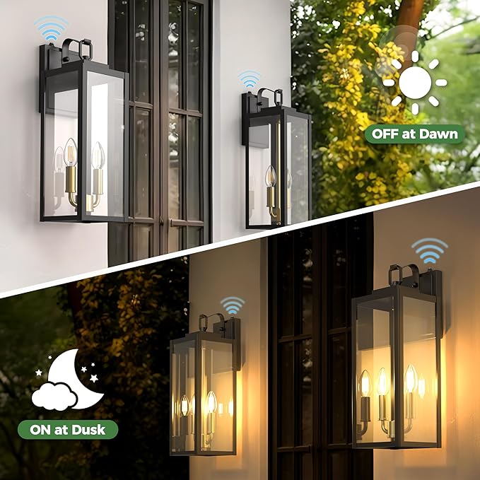 DORESshop 18 Dusk to Dawn Outdoor Wall Lights 2-Light Black &amp Gold Outdoor Wall Sconce Lantern with Clear Glass Tall Transitional Exterior Light Fixtures for Porch Garage ETL Listed 2 Pack