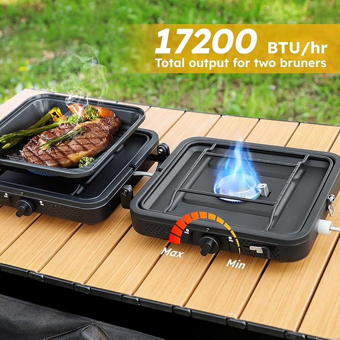 2 Burner Propane Camping Stove 17200 BTU Adjustable Burners Foldable Propane Camp Stove with Grill &amp Windscreen Double Burner Portable Folding Gas Stove with Carry Bag for Outdoor Camping BBQ