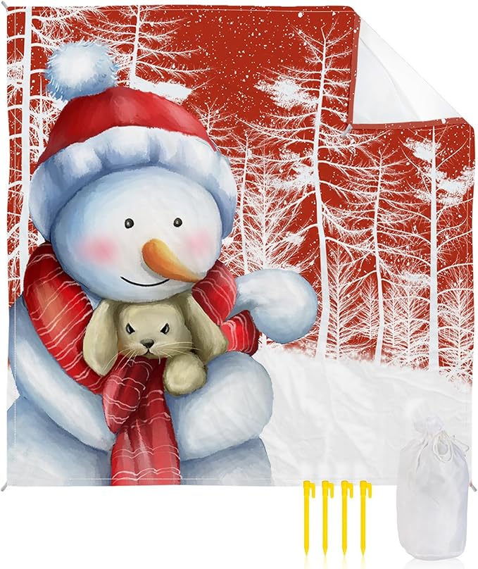 Beach Blanket Waterproof Sandproof OversizedChristmas Santa Snowman Bunny Beach Mat with Corner Stakes Sand PocketsWinter Xmas Tree Forest Outdoor Picnic Mat for Travel Camping Hiking 118x108In