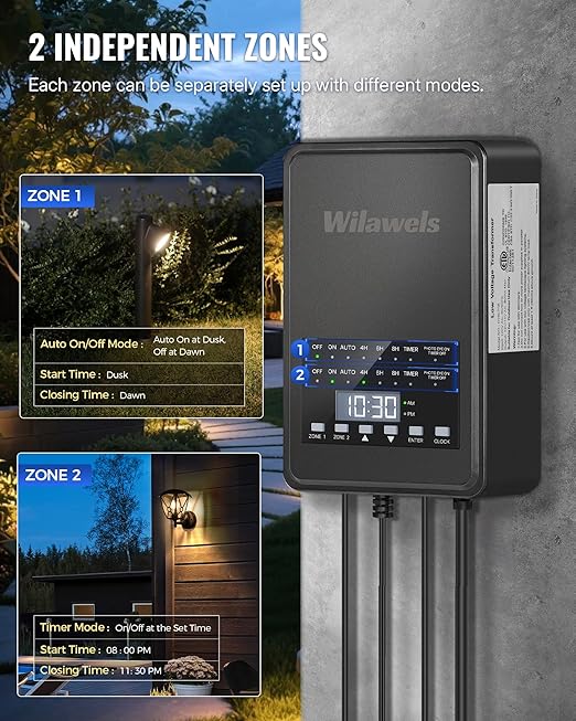 600W Low Voltage Landscape Transformer 2 Zone Independent Control 120VAC to 12/14V AC Low Voltage Transformer Landscape Lighting Transformer with Timer &amp Photocell Sensor ETL Listed D20LT06