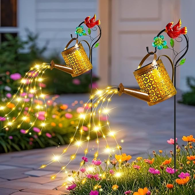 Mothers Day Gifts Solar Lights Outdoor Watering Can with Cascading Lights Watering Can with Hook Solar Lantern Gardening Decor for Yard Patio Gardening Gifts for Mom Grandma Women (2 Pack)