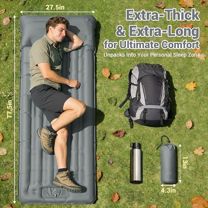 Inflatable Camping Sleeping Pad with 8 in Pillow Thick 4.7 Inch Ultralight Camping Pad with Built-in Pump Compact Self Inflating Sleeping Pad for Backpacking Hiking Travel Tent