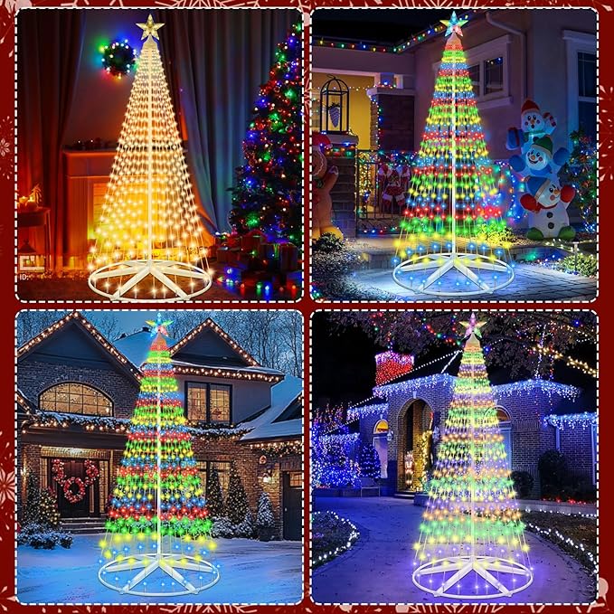 8Ft Solar Powered Christmas Cone Tree Lights with 444LEDs &amp Star Topper Remote Control 11 Modes Dimmable IP65 Waterproof Timer for Indoor Outside Yard Holiday Decoration Warm White &amp Mul