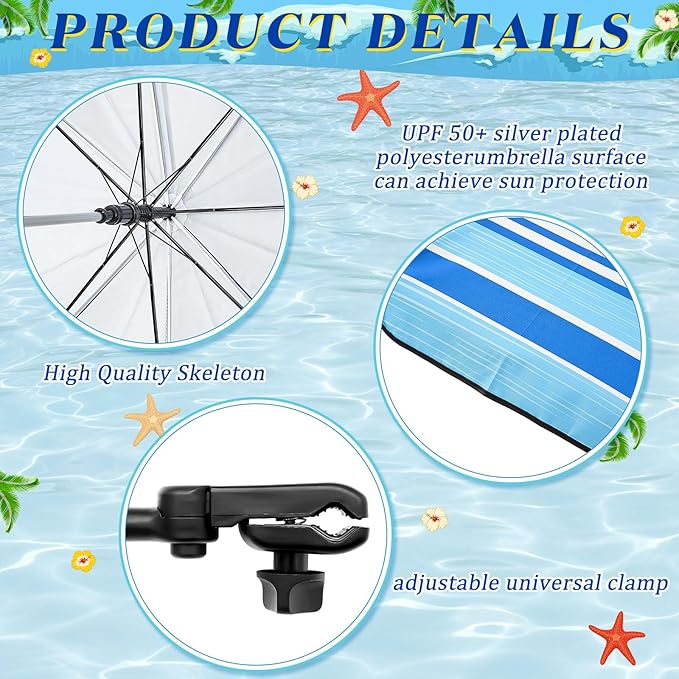 Buryeah 2 Pcs Automatic Chair Umbrella with Universal Clamp 44 UPF 50+ Portable Clamp on Beach Chair Adjustable Wheelchair Umbrella for Outdoor Patio Parasol