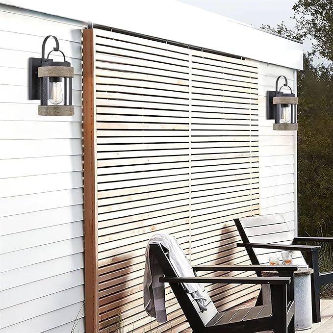 Kira Home Rochester 14 Modern Indoor Outdoor Wall Sconce + Cylinder Glass Shade Weathered Oak Wood Style + Textured Black Finish