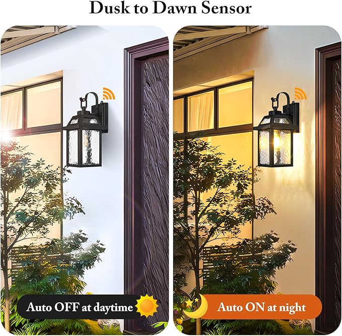 BesLowe Dusk to Dawn Outdoor Wall Lights Exterior Lighting Fixtures Wall Mount Porch Lights Outdoor Wall Sconces with Water Ripple Glass Outside Lights for House Front Door Garage 2-Pack