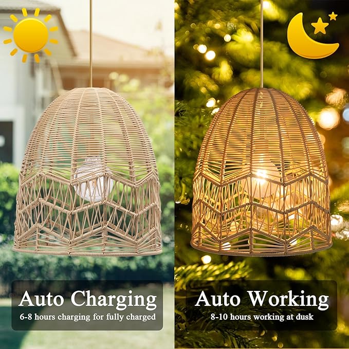 Ranttan Outdoor Chandelier 15 Outdoor Pendant Lights Rattan Solar Hanging Lights Large Rattan Ceiling Light with Remote 4 Modes Lighting Waterproof Lighted for Garden Porch Patio Kitchen Nature