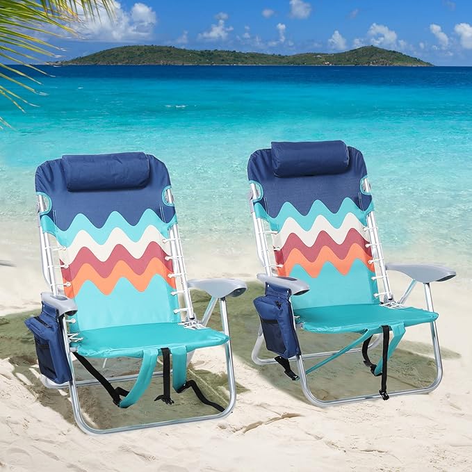 LET'S CAMP Backpack Beach Chair Set of 2 4-Position Classic Lay Flat Pillow and Padded Shoulder Straps Storage Pouch and Towel Bar Support 250LBS Wave