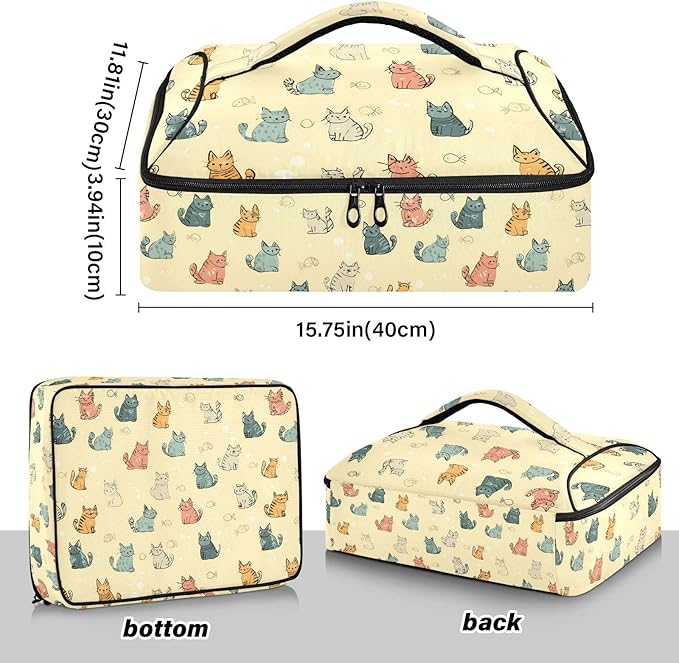 Casserole Carrier Interesting Patterns Cats and FishInsulated Casserole Carrier for Hot or Cold Food Thermal Lunch Tote for Potluck Parties Picnic Fits 9 x 13 Inches Baking Dish