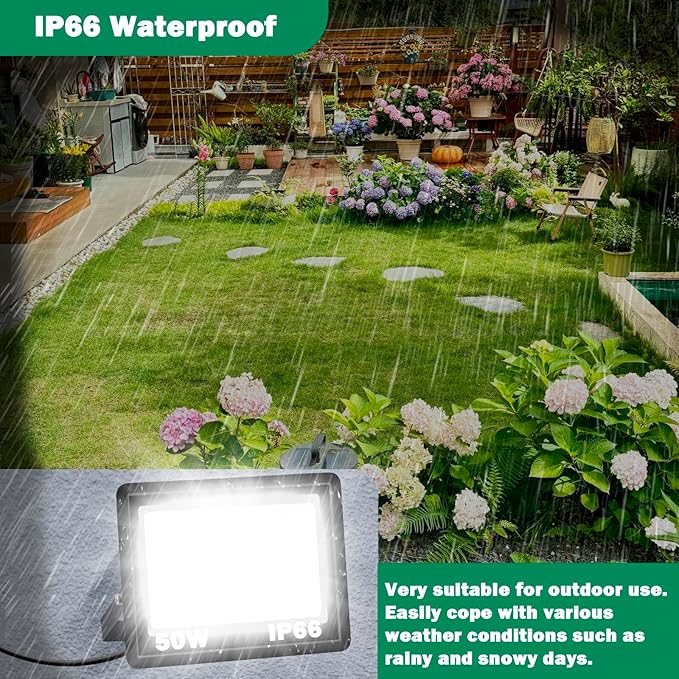 50W 2 Pack LED Flood Light Outdoor IP66 Waterproof 5000K Daylight White 6000LM Super Brighter Work Light with 6ft Cord and Plug Exterior Floodlight Security Lights for Yard Garage Garden