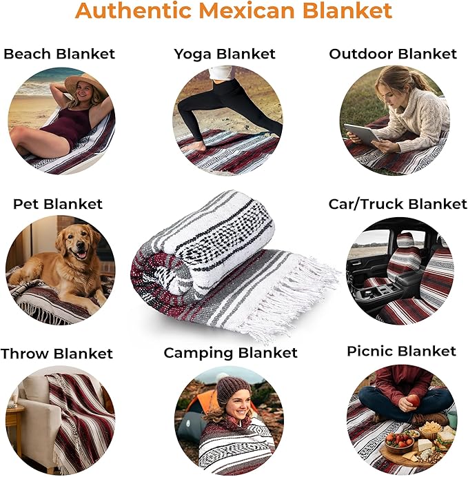 Mexican Blanket (Authentic Handmade Falsa) - Durable Lightweight Baja Indian Blanket for Yoga Beach Camping Picnic Car/Truck Outdoor Mexican Throw Baja Saddle Blanket 70x50 Cherry