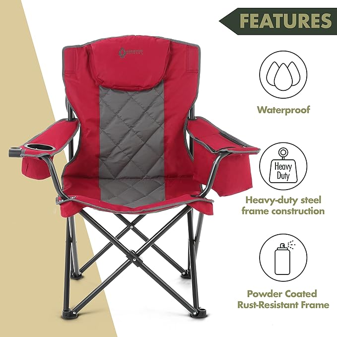 ARROWHEAD OUTDOOR 2-Pack Portable Folding Camping Quad Chair w/ 6-Can Cooler Cup &amp Wine Glass Holders Heavy-Duty Carrying Bag Padded Armrests Headrest &amp Seat Supports up to 550lbs